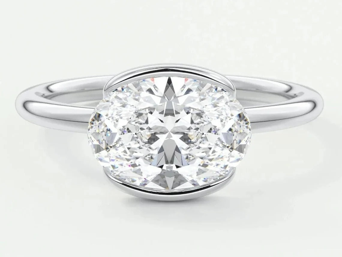 East West Oval Moissanite Engagement Ring Half Bezel Oval Lab Grown Diamond Ring 14K Solid Gold IGI Certified Diamond Solitaire Ring.