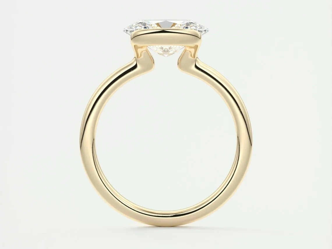 East West Oval Moissanite Engagement Ring Half Bezel Oval Lab Grown Diamond Ring 14K Solid Gold IGI Certified Diamond Solitaire Ring.