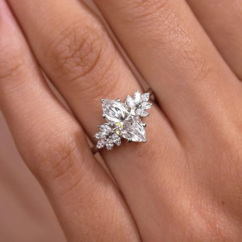 1.5 CT Marquise Cut Moissanite Ring Marquise Cluster Engagement Ring 14K Solid Gold Wedding Ring Marquise Lab Grown Diamond Anniversary Ring