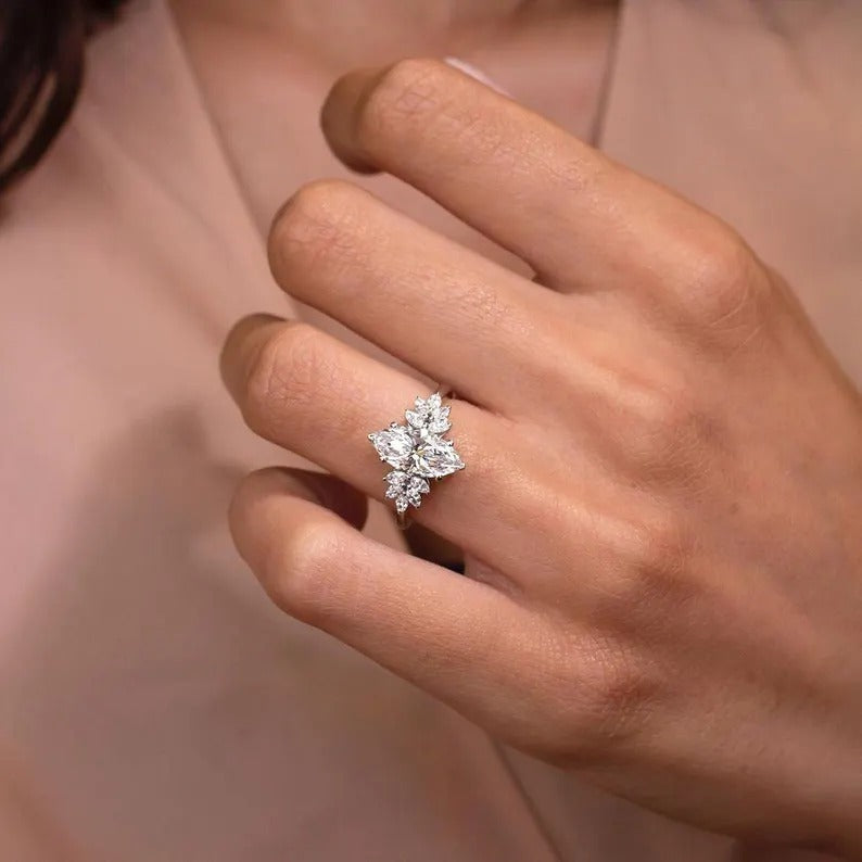 1.5 CT Marquise Cut Moissanite Ring Marquise Cluster Engagement Ring 14K Solid Gold Wedding Ring Marquise Lab Grown Diamond Anniversary Ring