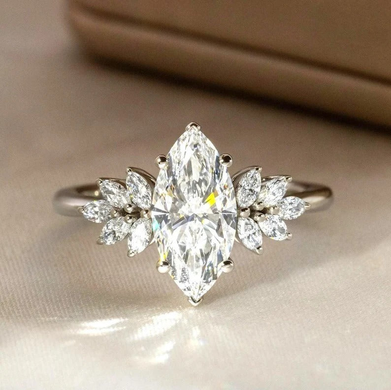 1.5 CT Marquise Cut Moissanite Ring Marquise Cluster Engagement Ring 14K Solid Gold Wedding Ring Marquise Lab Grown Diamond Anniversary Ring