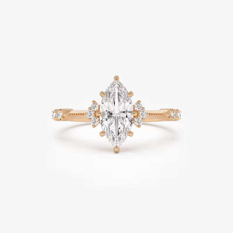1 CT Marquise Cluster Moissanite Engagement Ring Marquise Lab Grown Diamond Wedding Ring 14K Solid Gold Vintage Ring IGI Certified Ring.