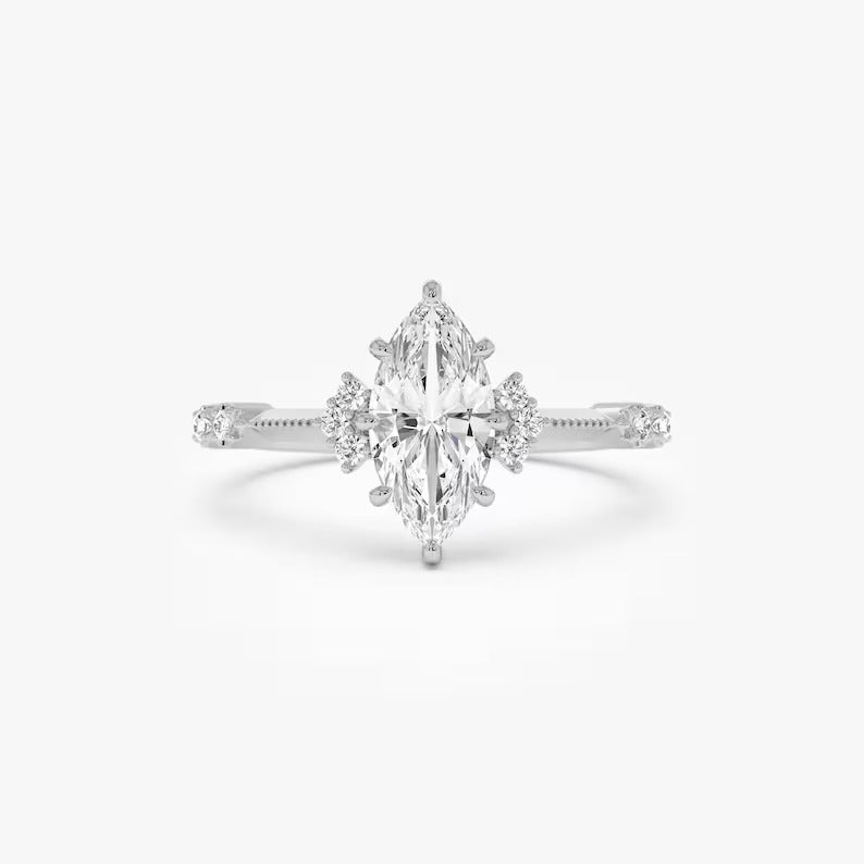 1 CT Marquise Cluster Moissanite Engagement Ring Marquise Lab Grown Diamond Wedding Ring 14K Solid Gold Vintage Ring IGI Certified Ring.