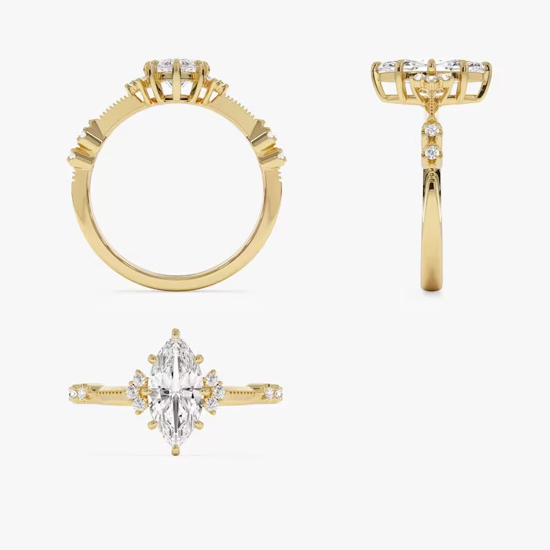 1 CT Marquise Cluster Moissanite Engagement Ring Marquise Lab Grown Diamond Wedding Ring 14K Solid Gold Vintage Ring IGI Certified Ring.