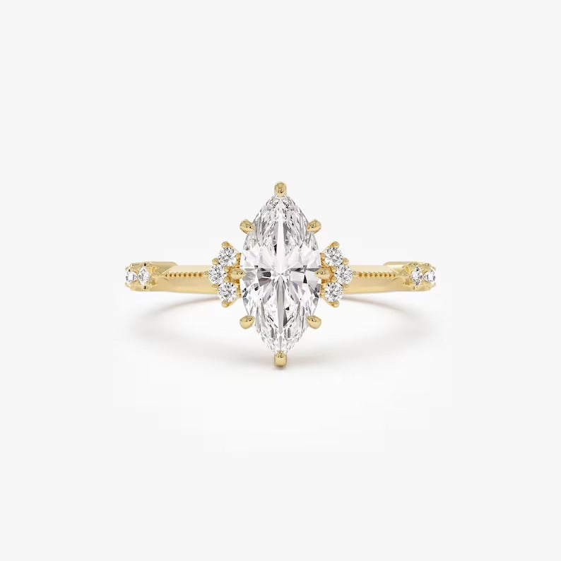 1 CT Marquise Cluster Moissanite Engagement Ring Marquise Lab Grown Diamond Wedding Ring 14K Solid Gold Vintage Ring IGI Certified Ring.