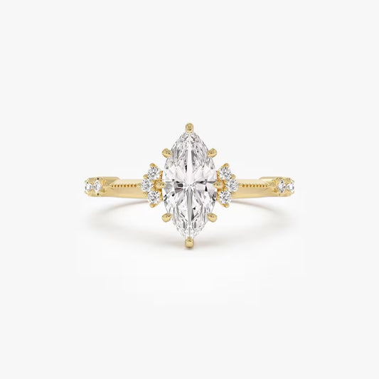 1 CT Marquise Cluster Moissanite Engagement Ring Marquise Lab Grown Diamond Wedding Ring 14K Solid Gold Vintage Ring IGI Certified Ring.