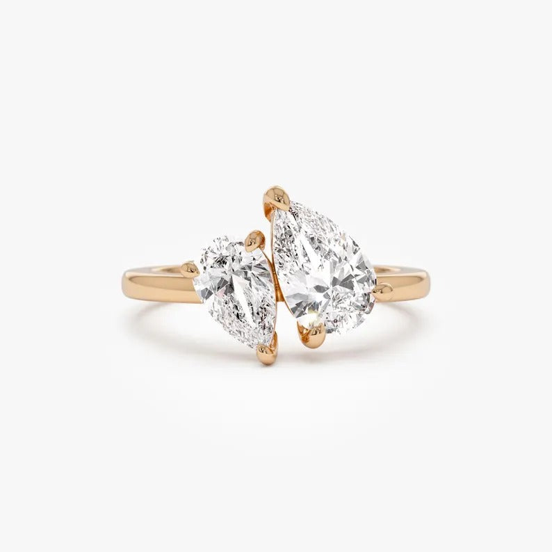 Toi et Moi Lab Grown Diamond Ring Two Stone Moissanite Engagement Ring 14K Solid Gold Anniversary Gifts For Women Lab Diamond You & Me Ring.