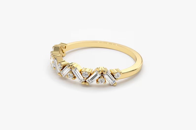 Baguette Diamond Ring Baguette Moissanite Diamond Wedding Ring in 14K Solid Gold Alternating Baguette Round Diamond Ring Lab Grown Ring.