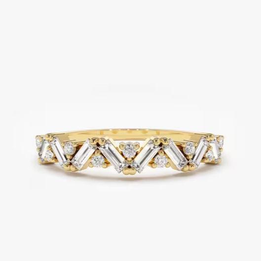 Baguette Diamond Ring Baguette Moissanite Diamond Wedding Ring in 14K Solid Gold Alternating Baguette Round Diamond Ring Lab Grown Ring.