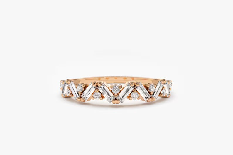 Baguette Diamond Ring Baguette Moissanite Diamond Wedding Ring in 14K Solid Gold Alternating Baguette Round Diamond Ring Lab Grown Ring.