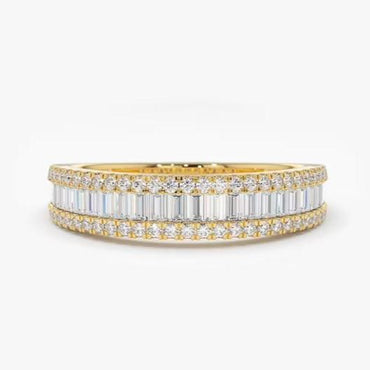 Baguette Diamond Anniversary Ring 14K Solid Gold Half Eternity Baguette and Round Micro Pave Cocktail Ring Lab Grown Diamond Wedding Band.