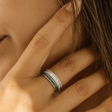 Baguette Diamond Anniversary Ring 14K Solid Gold Half Eternity Baguette and Round Micro Pave Cocktail Ring Lab Grown Diamond Wedding Band.