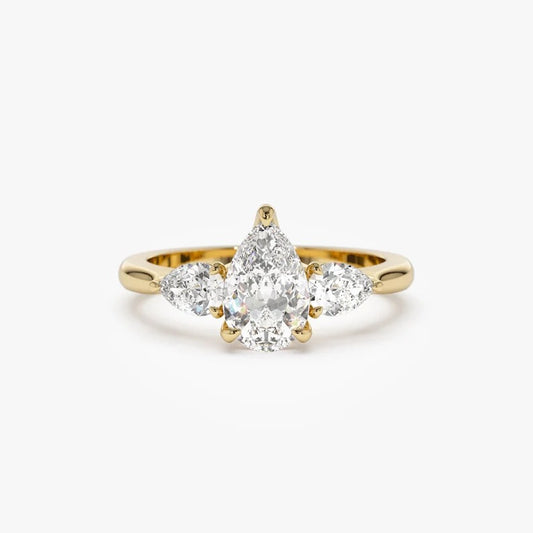 Three Stone Pear Moissanite Engagement Ring Pear Lab Grown Diamond Wedding Ring Lab Created Diamond Anniversary Ring 14K Solid Gold Ring.