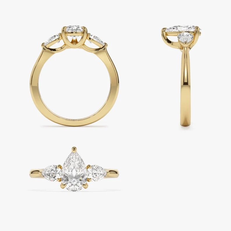 Three Stone Pear Moissanite Engagement Ring Pear Lab Grown Diamond Wedding Ring Lab Created Diamond Anniversary Ring 14K Solid Gold Ring.