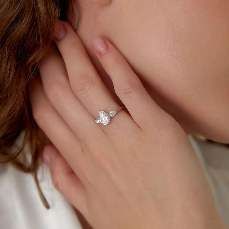 Three Stone Pear Moissanite Engagement Ring Pear Lab Grown Diamond Wedding Ring Lab Created Diamond Anniversary Ring 14K Solid Gold Ring.
