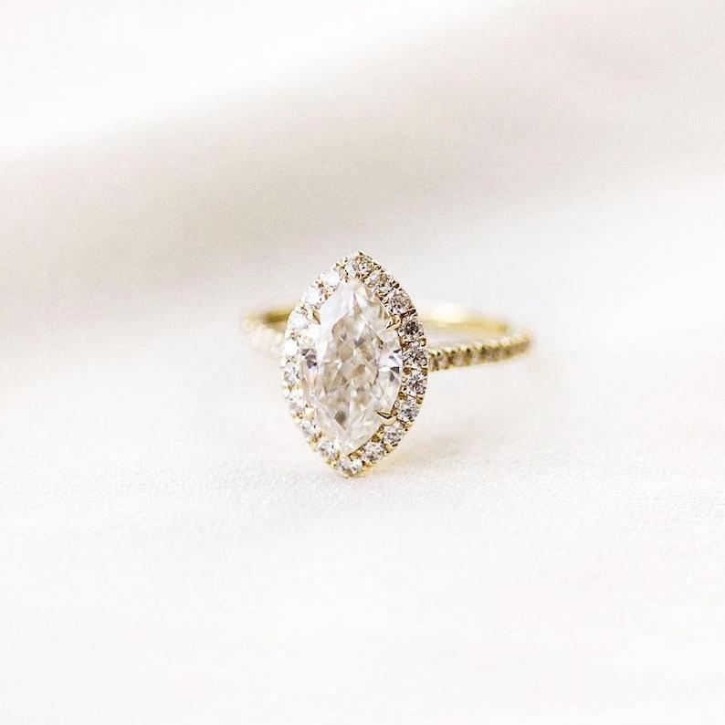 3 CT Marquise Moissanite Engagement Ring Marquise Halo Lab Grown Diamond Wedding Ring 14K Solid Gold Ring CVD Diamond Anniversary Ring.