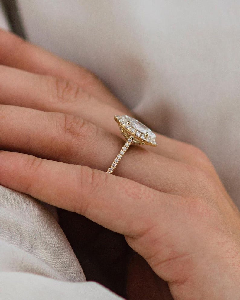 3 CT Marquise Moissanite Engagement Ring Marquise Halo Lab Grown Diamond Wedding Ring 14K Solid Gold Ring CVD Diamond Anniversary Ring.