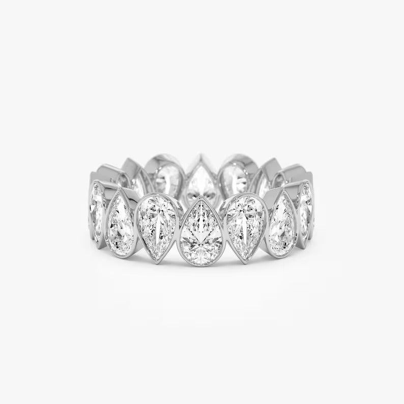 Pear Moissanite Eternity Ring 14K Solid Gold Full Eternity Pear Shape Lab Grown Diamond Wedding Ring Bezel Set Pear Lab Grown Diamond Band.