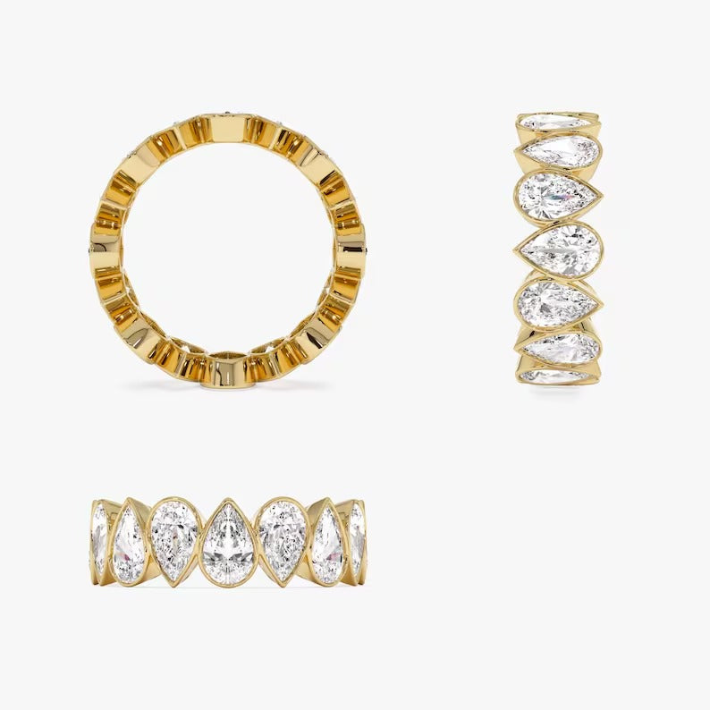 Pear Moissanite Eternity Ring 14K Solid Gold Full Eternity Pear Shape Lab Grown Diamond Wedding Ring Bezel Set Pear Lab Grown Diamond Band.