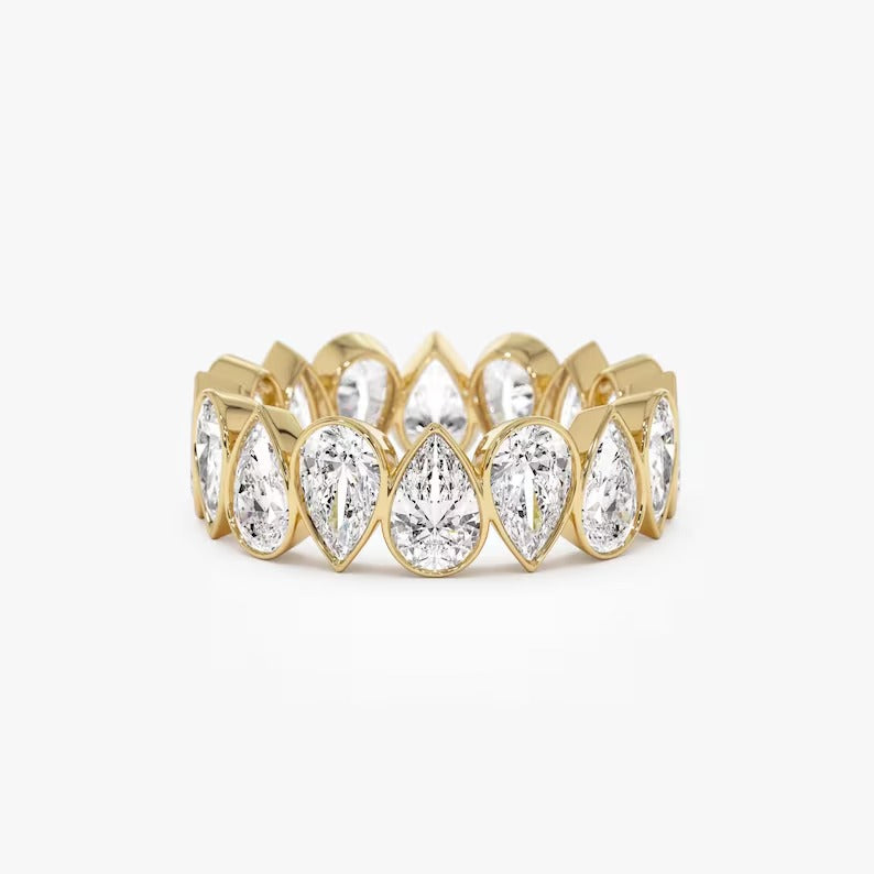 Pear Moissanite Eternity Ring 14K Solid Gold Full Eternity Pear Shape Lab Grown Diamond Wedding Ring Bezel Set Pear Lab Grown Diamond Band.