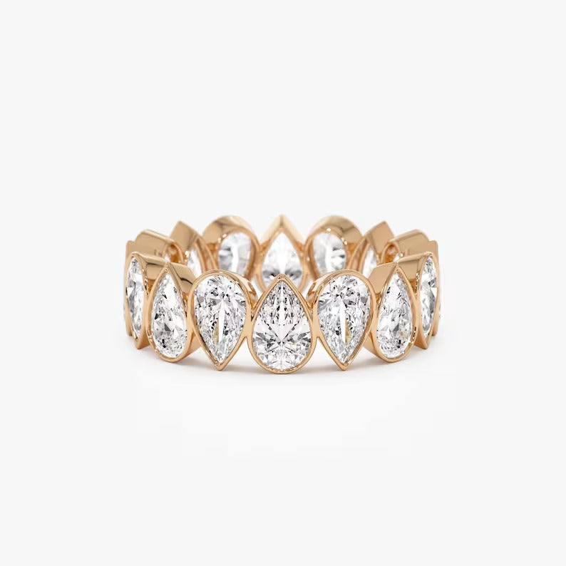 Pear Moissanite Eternity Ring 14K Solid Gold Full Eternity Pear Shape Lab Grown Diamond Wedding Ring Bezel Set Pear Lab Grown Diamond Band.