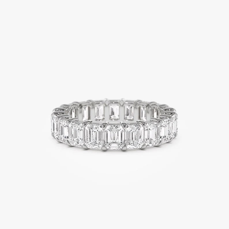 Emerald Cut Moissanite Wedding Band Full Eternity Lab Grown Diamond Wedding Ring 14K Solid Gold CVD Diamond Ring Anniversary Matching Band