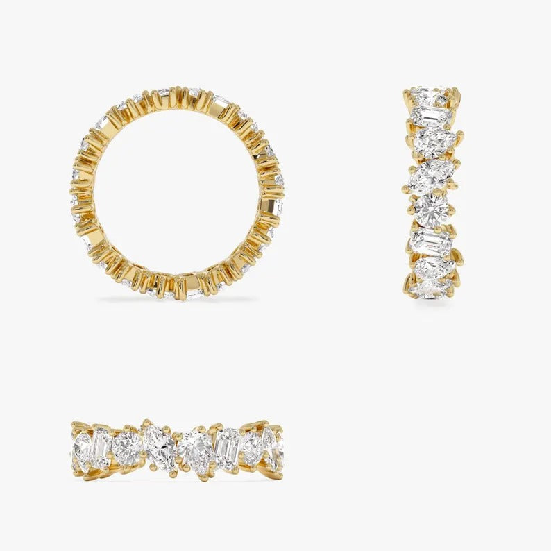 Multi-Shaped Lab Grown Diamond Band 14K Solid Gold Mixed Shape Full Eternity Moissanite Wedding Band Multi Shape Anniversary Ring For Women