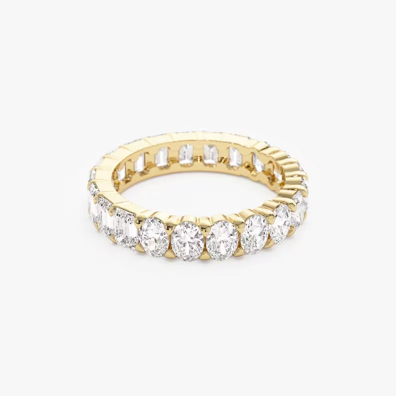 Moissanite Diamond Wedding Band Full Eternity Oval & Emerald Cut Lab Grown Diamond Ring Unique Two Side Wearable 14K Solid Gold Ring.