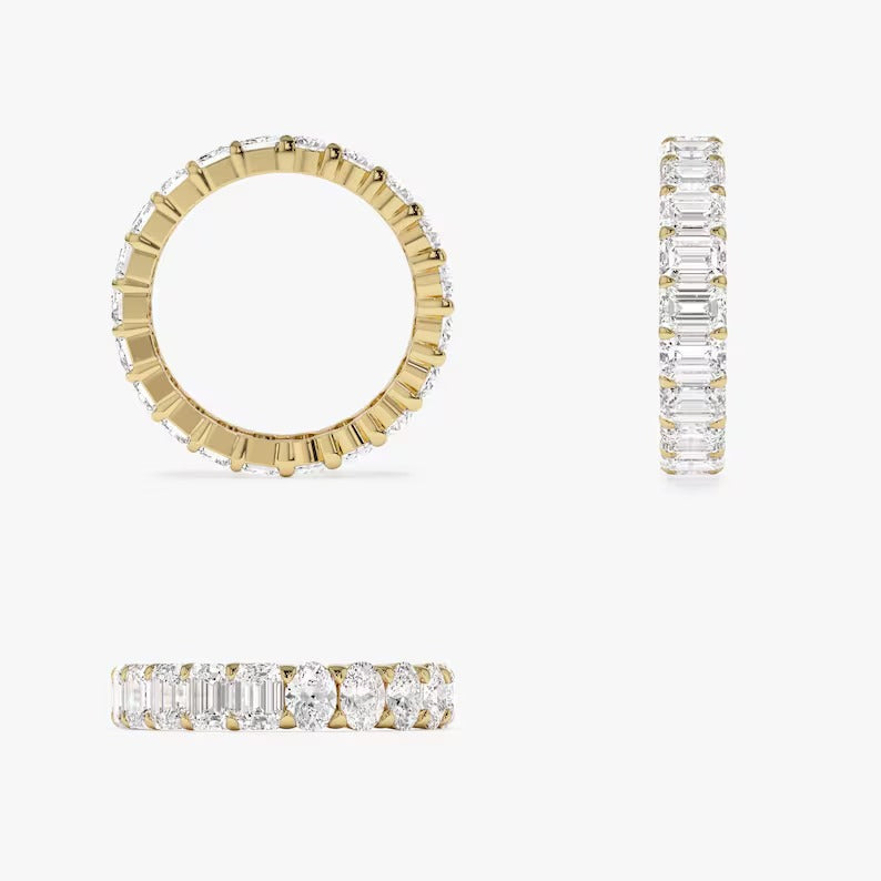 Moissanite Diamond Wedding Band Full Eternity Oval & Emerald Cut Lab Grown Diamond Ring Unique Two Side Wearable 14K Solid Gold Ring.