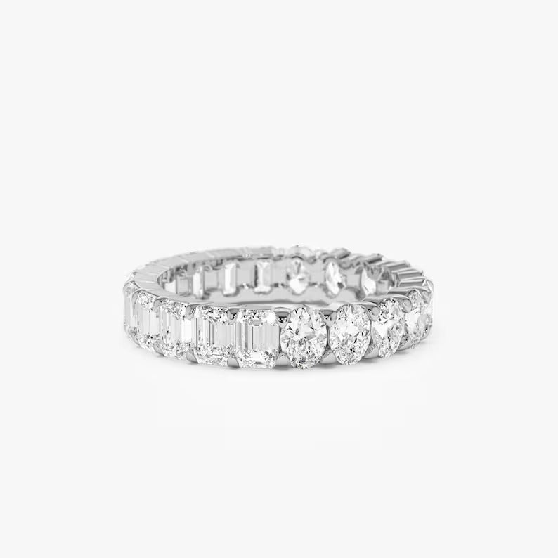 Moissanite Diamond Wedding Band Full Eternity Oval & Emerald Cut Lab Grown Diamond Ring Unique Two Side Wearable 14K Solid Gold Ring.