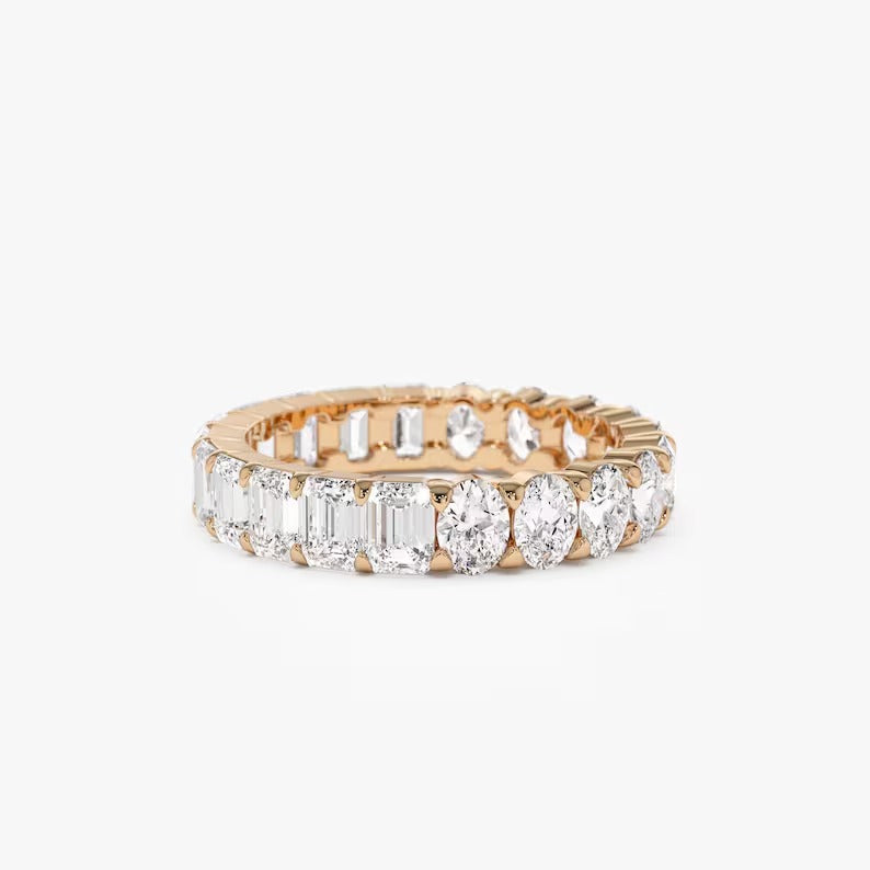 Moissanite Diamond Wedding Band Full Eternity Oval & Emerald Cut Lab Grown Diamond Ring Unique Two Side Wearable 14K Solid Gold Ring.