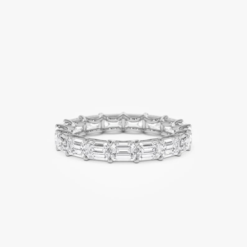 Emerald Cut Moissanite Wedding Band 14K Solid Gold East West Prong Setting Full Eternity Emerald Cut Lab Grown Diamond Ring Anniversary Gift
