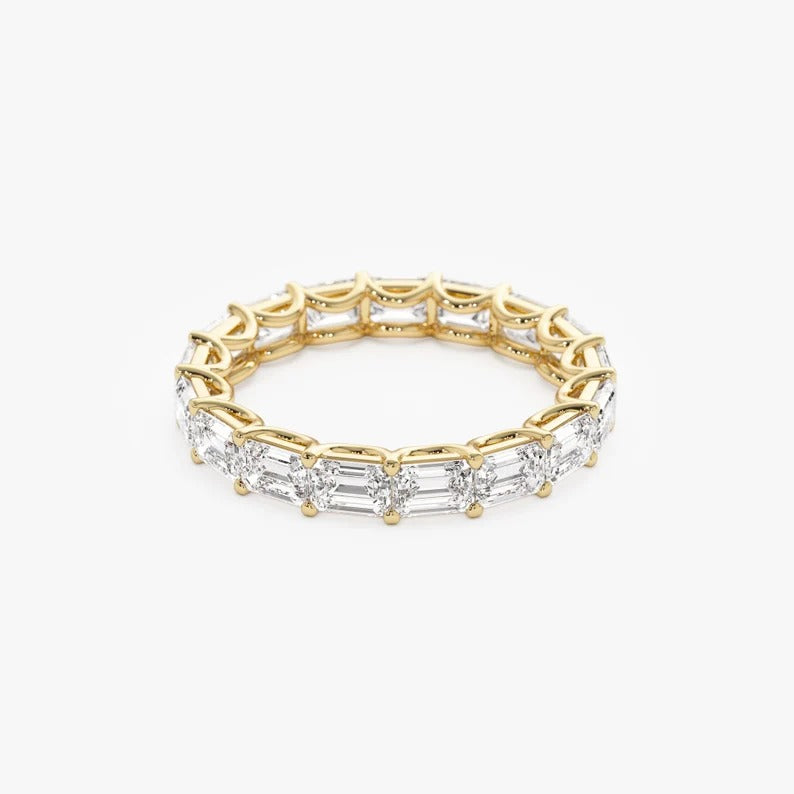 Emerald Cut Moissanite Wedding Band 14K Solid Gold East West Prong Setting Full Eternity Emerald Cut Lab Grown Diamond Ring Anniversary Gift
