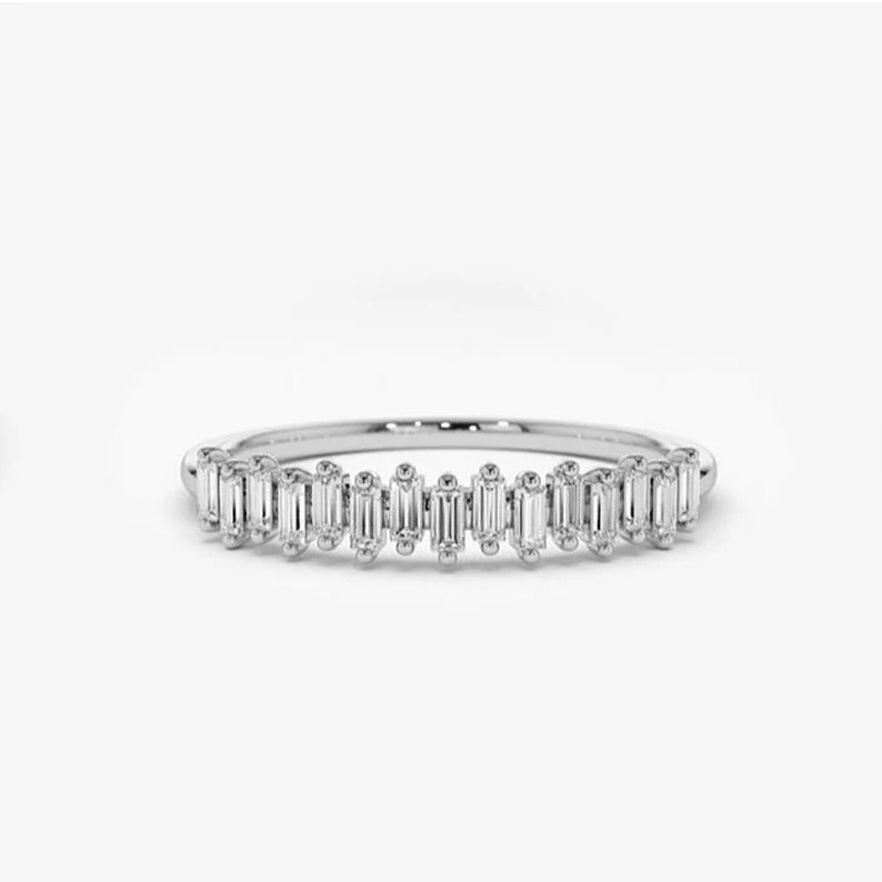 Scattered Mini Baguette Diamond Half Eternity Bridal Wedding Band For Women Baguette Lab Grown Diamond Stacking Band For Her 14K Gold Ring.