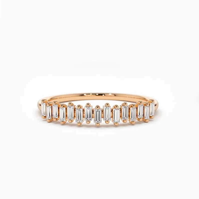 Scattered Mini Baguette Diamond Half Eternity Bridal Wedding Band For Women Baguette Lab Grown Diamond Stacking Band For Her 14K Gold Ring.