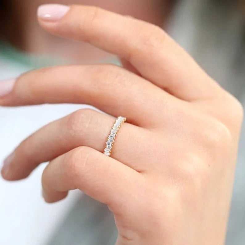 Scattered Mini Baguette Diamond Half Eternity Bridal Wedding Band For Women Baguette Lab Grown Diamond Stacking Band For Her 14K Gold Ring.