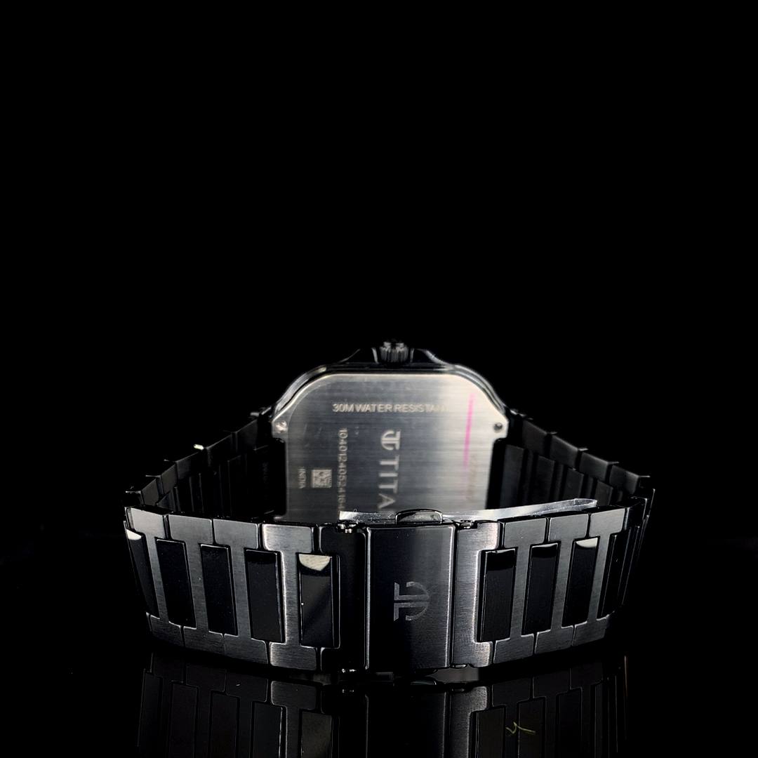 Titan Black Square Dial Diamond Watch – Luxury Men’s Timepiece with Crystal-Studded Bezel & Bracelet