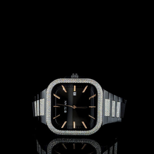 Titan Black Square Dial Diamond Watch – Luxury Men’s Timepiece with Crystal-Studded Bezel & Bracelet