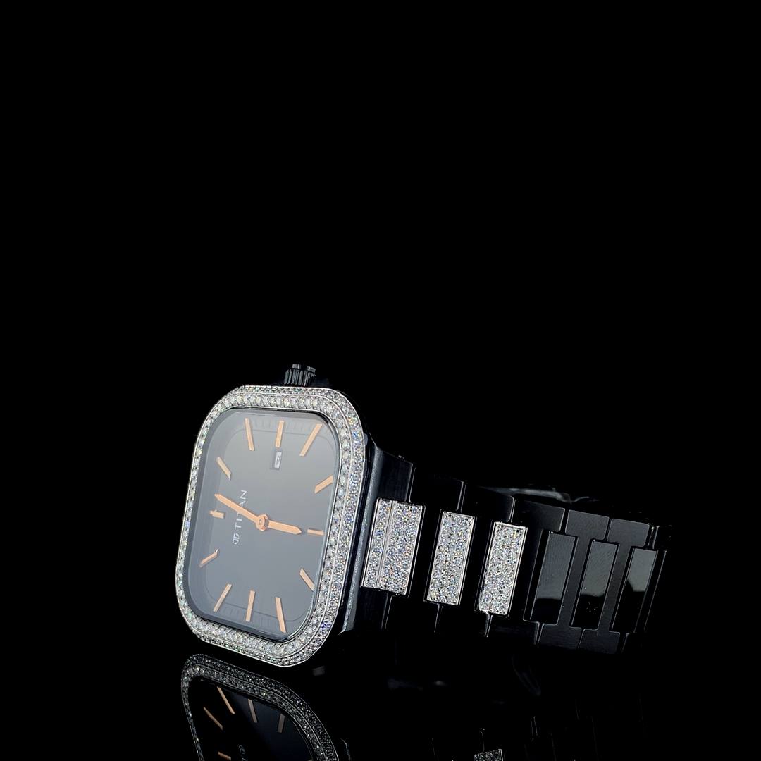 Titan Black Square Dial Diamond Watch – Luxury Men’s Timepiece with Crystal-Studded Bezel & Bracelet