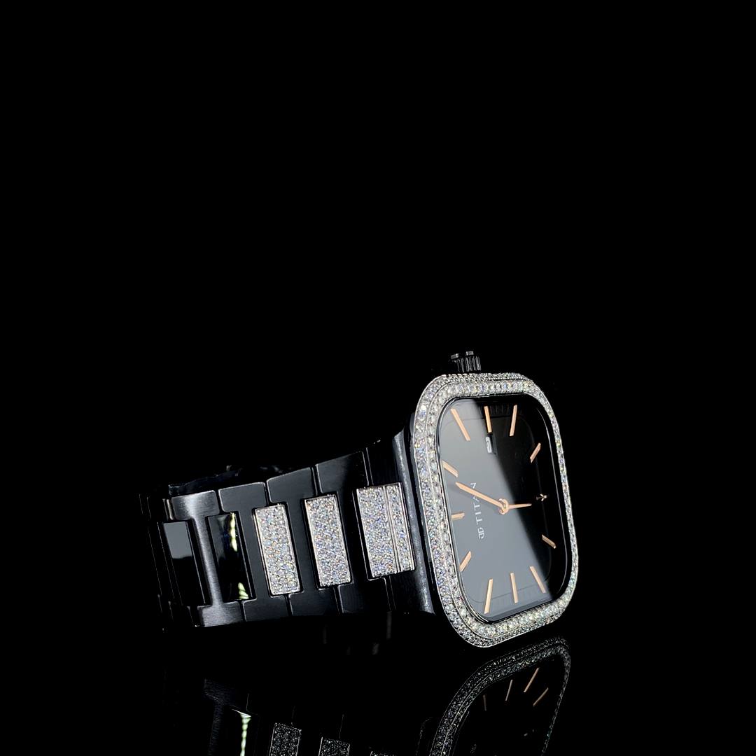 Titan Black Square Dial Diamond Watch – Luxury Men’s Timepiece with Crystal-Studded Bezel & Bracelet