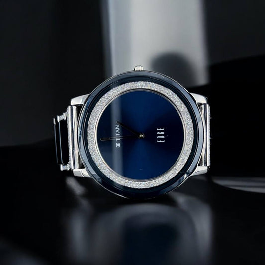 Titan Edge Blue Dial Luxury Watch with Round Lab-Grown Moissanite Diamond Bezel – Ultra-Slim Silver Timepiece for Men