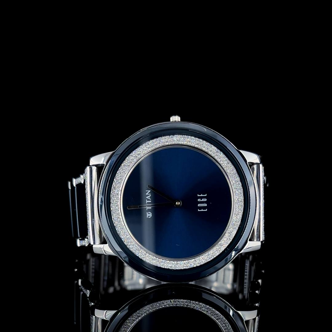 Titan Edge Blue Dial Luxury Watch with Round Lab-Grown Moissanite Diamond Bezel – Ultra-Slim Silver Timepiece for Men