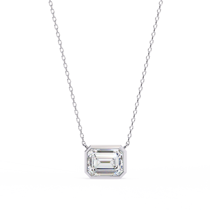 3 ct Emerald-Cut East-West Bezel Pendant Necklace | Modern Minimal Diamond Solitaire with Chain | Lab-Grown or Moissanite | Solid Gold/Platinum