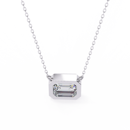 3 ct Emerald-Cut East-West Bezel Pendant Necklace | Modern Minimal Diamond Solitaire with Chain | Lab-Grown or Moissanite | Solid Gold/Platinum