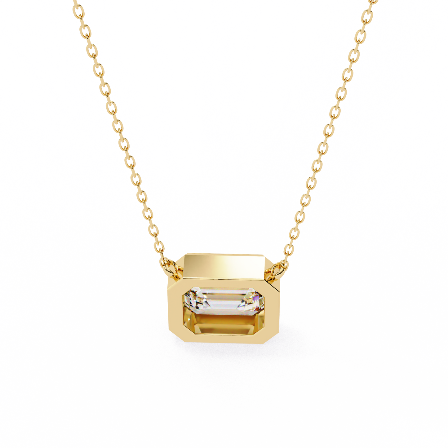 3 ct Emerald-Cut East-West Bezel Pendant Necklace | Modern Minimal Diamond Solitaire with Chain | Lab-Grown or Moissanite | Solid Gold/Platinum