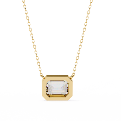 3 ct Emerald-Cut East-West Bezel Pendant Necklace | Modern Minimal Diamond Solitaire with Chain | Lab-Grown or Moissanite | Solid Gold/Platinum