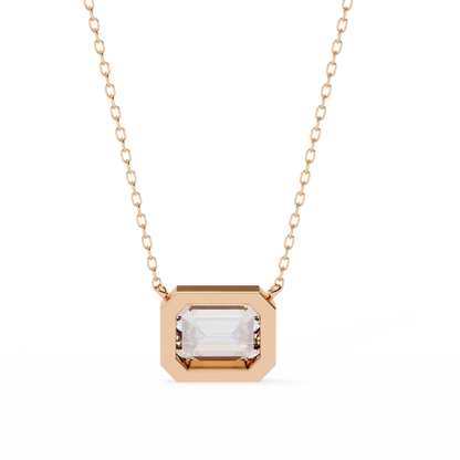 3 ct Emerald-Cut East-West Bezel Pendant Necklace | Modern Minimal Diamond Solitaire with Chain | Lab-Grown or Moissanite | Solid Gold/Platinum