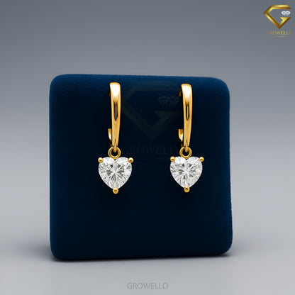 1 CT Heart Diamond Huggie Drop Earrings, Fine Solid Gold, Elegant Luxury, Lab Grown Diamond or Moissanite