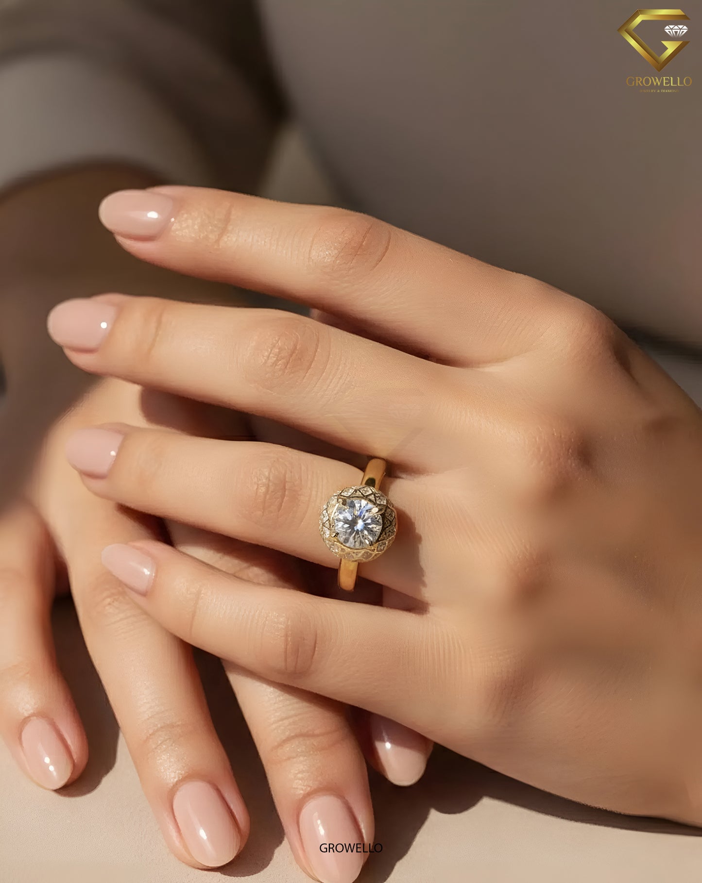 2CT Round Halo Engagement Ring, Geometric Vintage Dome Setting, Solid Gold, Lab Grown Diamond or Moissanite