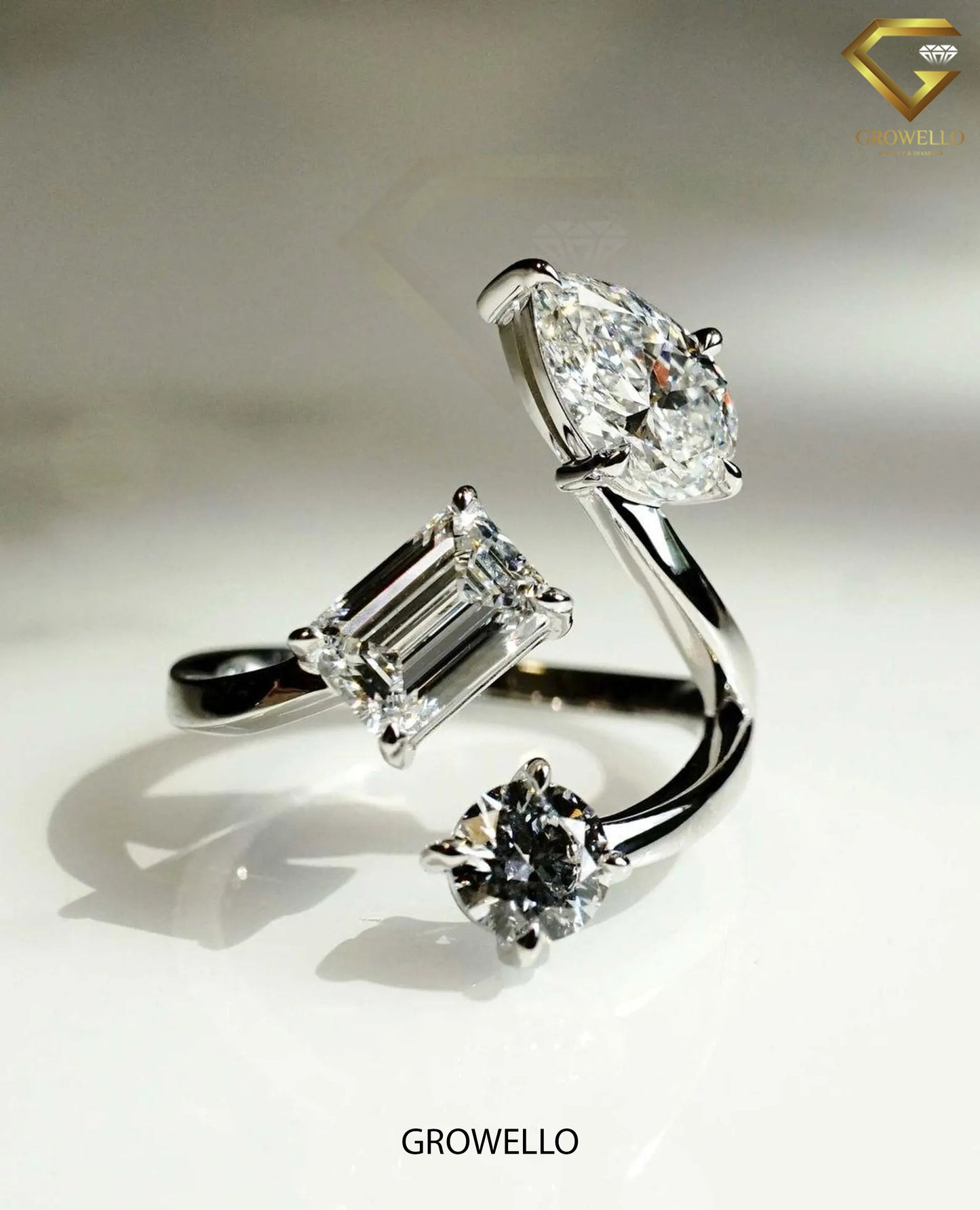 Three Stone Bypass Engagement Ring, Round-Emerald-Pear Diamond, Solid gold, Lab-Grown or Moissanite